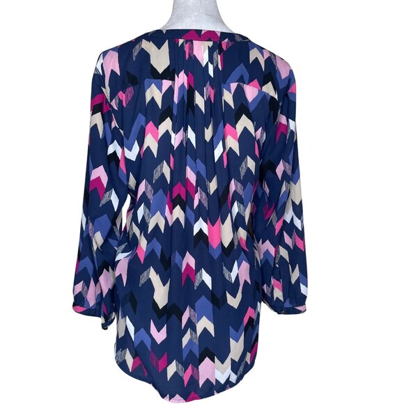 JM Collection Women's Navy Blue Pink Chevron Print Pleated 3/4 Sleeve Blouse XL - Picture 3 of 8